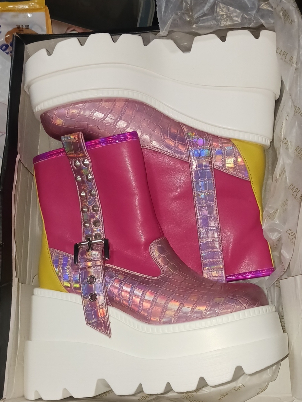 Bold Pink Platform Ankle Boots with Iridescent Croc Detail